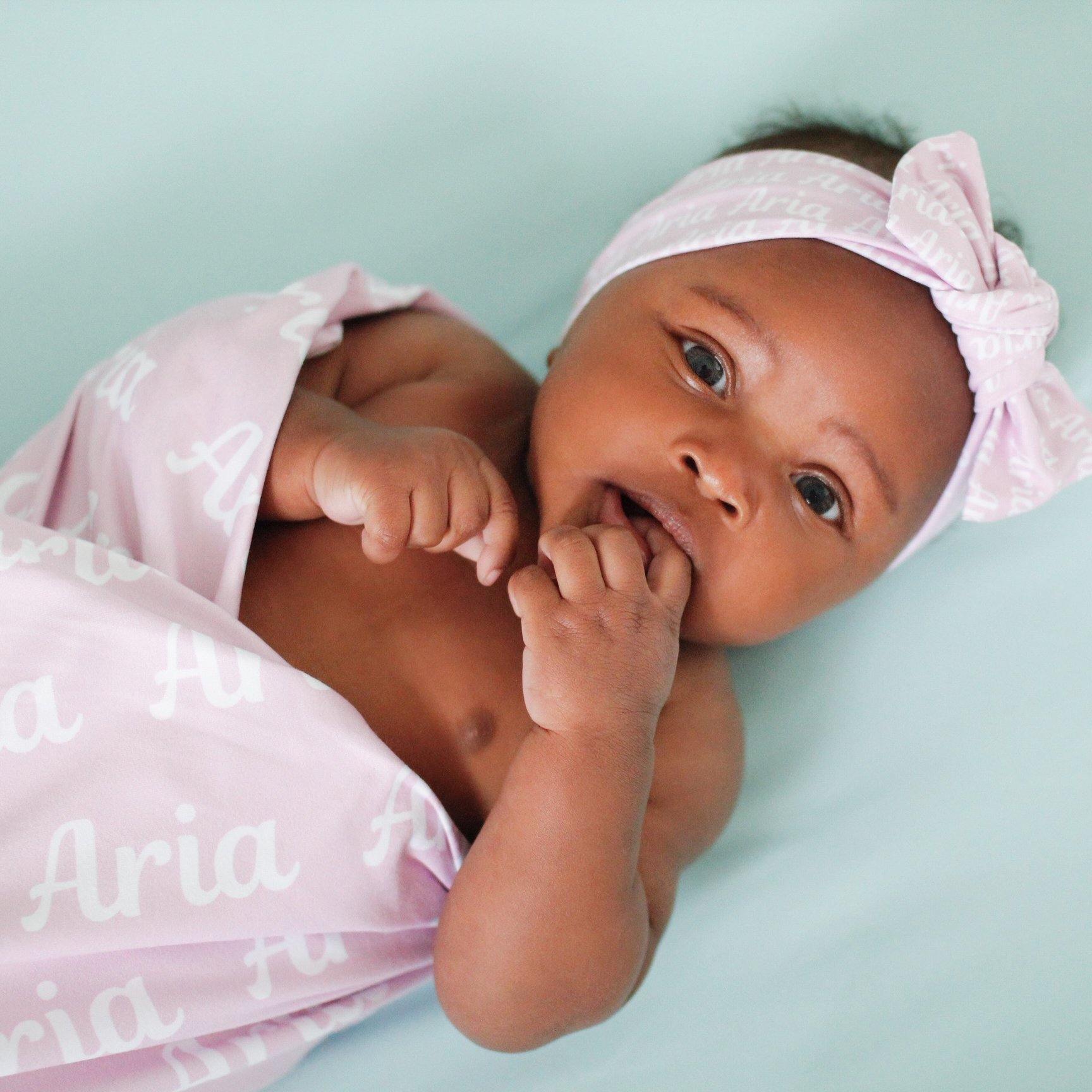 Personalized Baby Swaddle Blanket and Bow Set custom printed