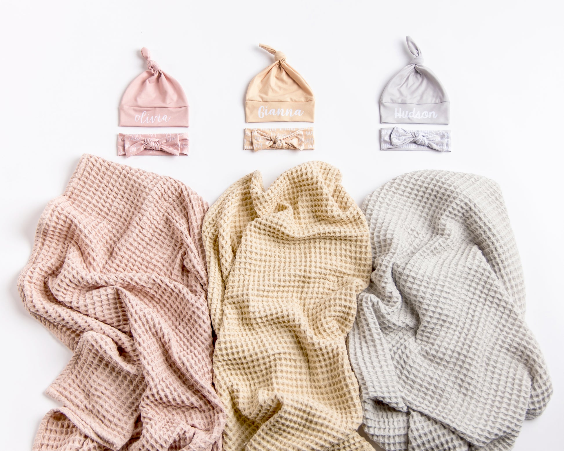 Personalized Waffle Blanket Sets - Blush, Sand, and Light Grey