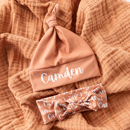 Muslin hat & bow set - cedar