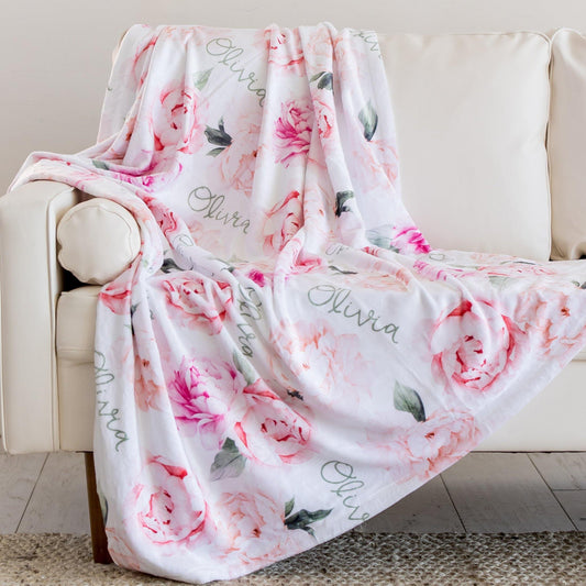 Plush Minky Personalized Blanket - Peach Peony Blooms - Sugar House Baby